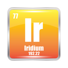 Iridium icon. Ir chemical element. Atomic number 77. Mass 192.22. Yellow square vector.
