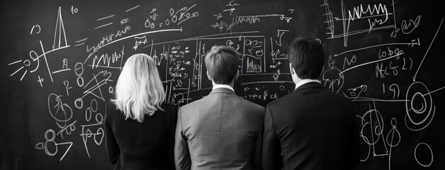 Academic blackboard filled with complex mathematical formulas equations diagrams and other scientific calculations showcasing the collaborative process of problem solving learning