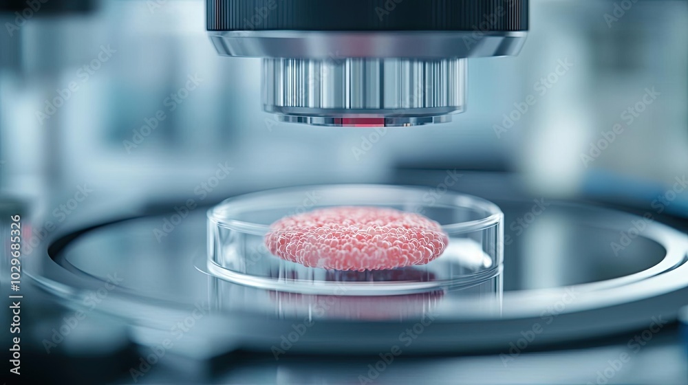 Poster Microscope focusing on a red sample in a laboratory setting.