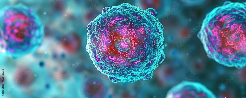 Poster close-up view of colorful cells under a microscope, intricate details visible.