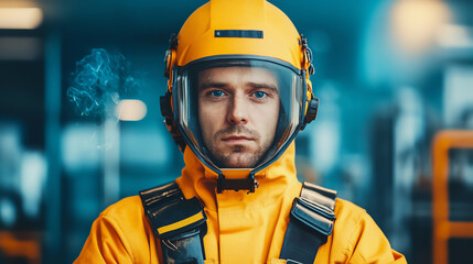 Fototapeta premium A serious worker in protective gear, showcasing safety and professionalism in a demanding work environment. The individual appears focused and ready for the challenges ahead.