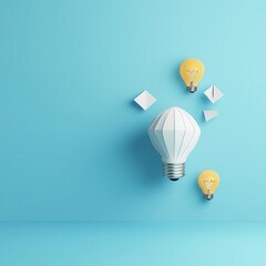 A creative composition featuring light bulbs and geometric shapes against a blue background, symbolizing ideas and inspiration.