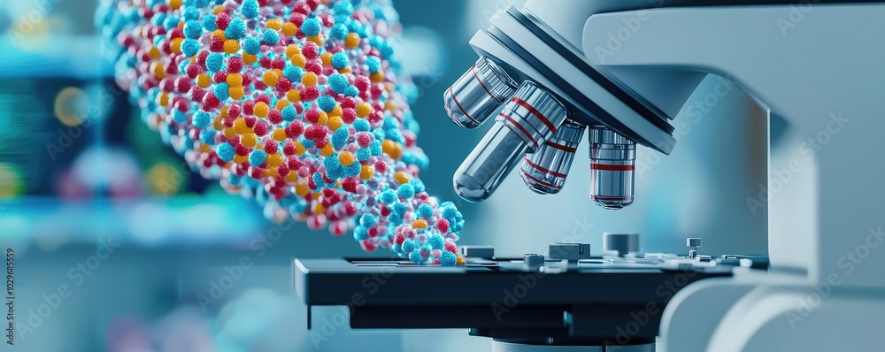 Poster microscope with colorful particles for scientific investigation, blurred laboratory background.