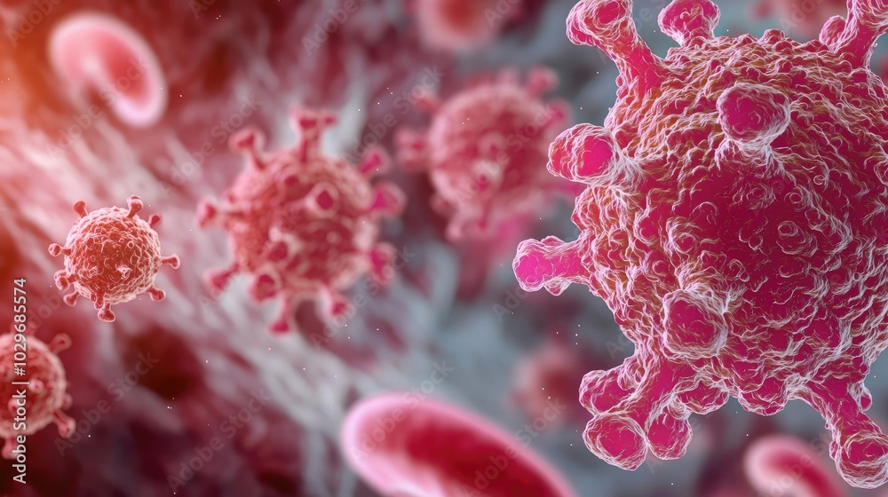 Poster detailed illustration of virus cells under microscope in a microscopic view.