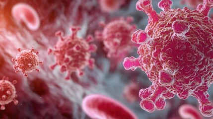 Detailed illustration of virus cells under microscope in a microscopic view.