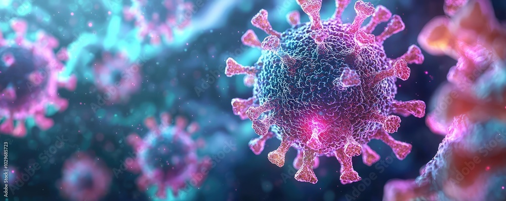 Poster colorful virus cells floating in a digital space, abstract visualization.