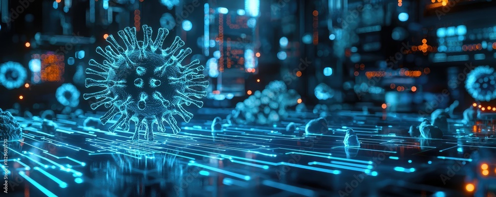 Poster abstract digital virus model with glowing details on circuit board background.
