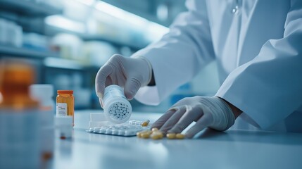 Doctor or medical professional examining and handling prescription medication pills tablets syringes