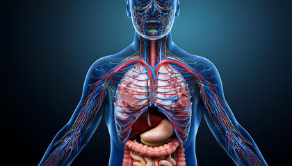Detailed anatomical illustration of the human body showcasing internal organs and vascular system for educational purposes.