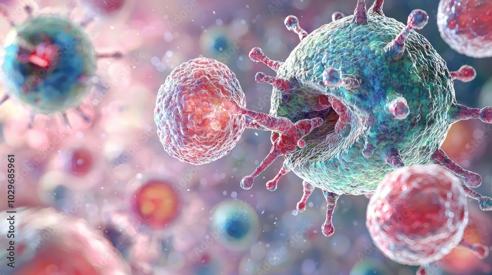 Poster 3d rendering of virus cells attacking a healthy cell, colorful and detailed.