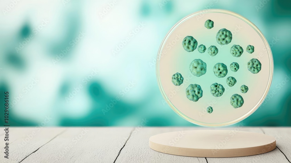 Poster microscopic view of bacteria displayed on a circular platform, soft focus background.