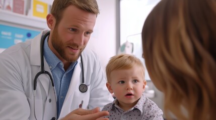 Friendly and compassionate pediatrician carefully examining and consulting with a young patient in a modern well equipped medical clinic setting  The doctor is providing professional medical care