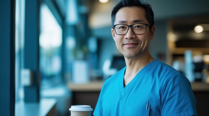 Fototapeta premium Friendly Smiling Asian Male Doctor or Nurse in Hospital Uniform at Clinic or Medical Facility Providing Healthcare Services