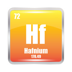 Hafnium icon. Hf chemical element. Atomic number 72. Mass 178.49. Orange square.