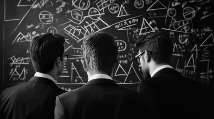 Group of Businesspeople in Formal Attire Brainstorming and Analyzing Data on a Chalkboard with Various Diagrams and Mathematical Equations Depicted
