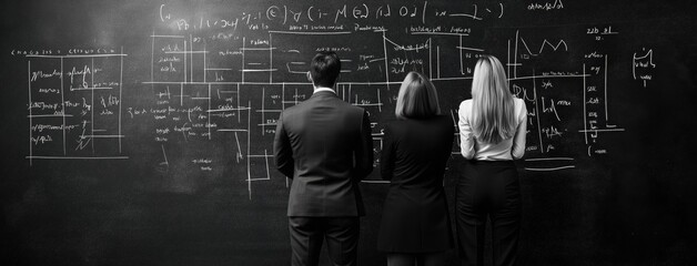 Group of academics studying complex mathematical equations and formulas on a blackboard in a classroom setting representing the pursuit of knowledge education and scientific discovery