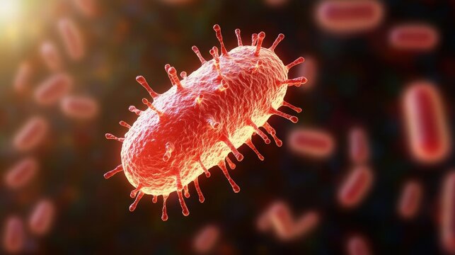 3D rendering of a red bacteria on a dark background, depicting microscopic life.