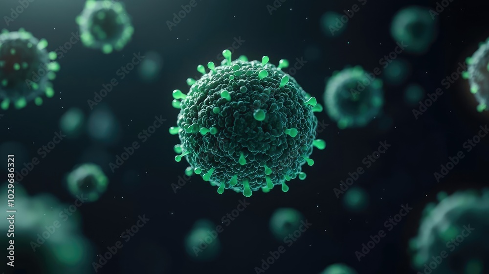 Poster 3D rendering of virus particles on abstract background, science and health concept.
