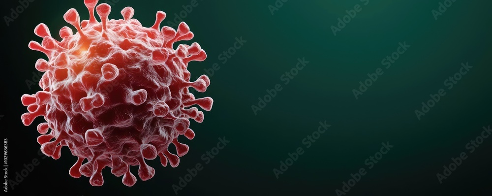 Poster 3d rendering of a detailed virus model on a dark background.