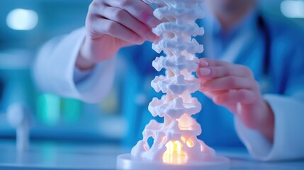 Illuminated 3D digital model of the human spinal vertebrae and anatomy displayed in a laboratory or medical research setting representing scientific study analysis and innovation