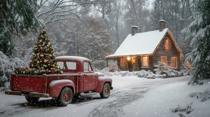 Cozy red truck parked by a charming log cabin adorned with festive lights and a Christmas tree in a snowy winter landscape