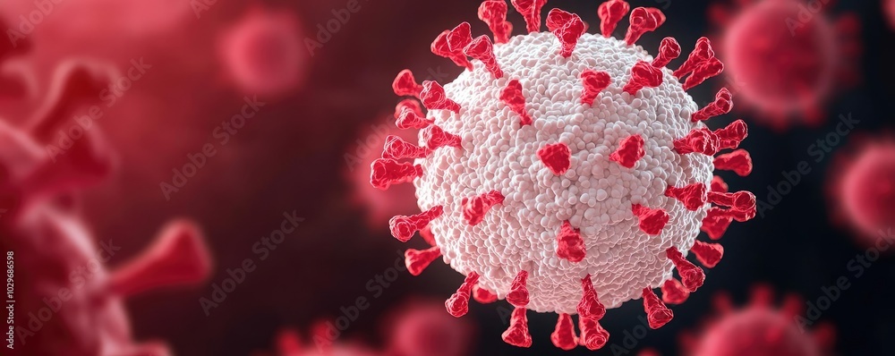 Poster detailed representation of a virus structure on dark background.