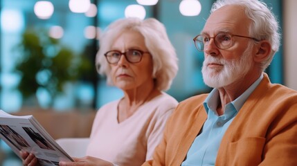 Retired elderly couple sitting together on a couch and reading a newspaper in a cozy living room  They appear content and relaxed enjoying a peaceful moment of leisure and bonding in their home