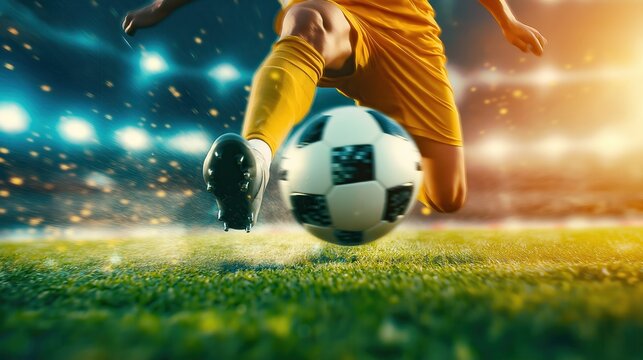 Professional soccer athlete in yellow uniform kicking ball on grassy stadium field during intense sports competition match or game Dynamic action shot of soccer player aiming for goal - Powered by Adobe