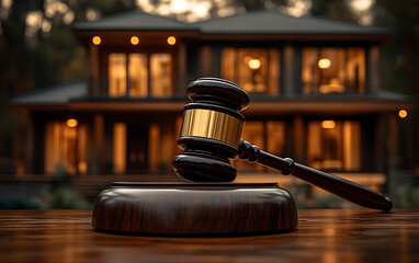 Real Estate Auction Symbol: Gavel with Modern House Backdrop
