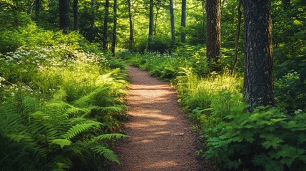 Obraz premium Lush Forest Pathway Surrounded by Vibrant Foliage