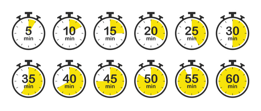 Set of timers. 5, 10, 15, 20, 25, 30, 35, 40, 45, 50, 55, and 60 minutes. Countdown timer icons set. Isolated vector illustration.