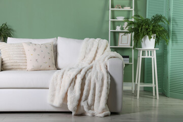 Beautiful living room interior with cozy sofa