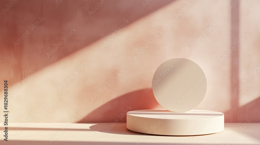 Poster soft light illuminates a minimalist display featuring a floating circular object on a pastel backgro