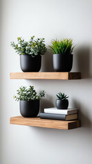 Indoor plants on wooden shelves, minimal decor