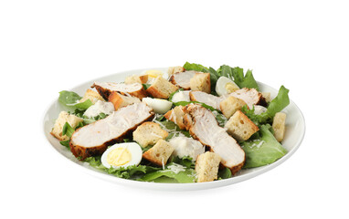 Tasty Caesar salad with chicken isolated on white