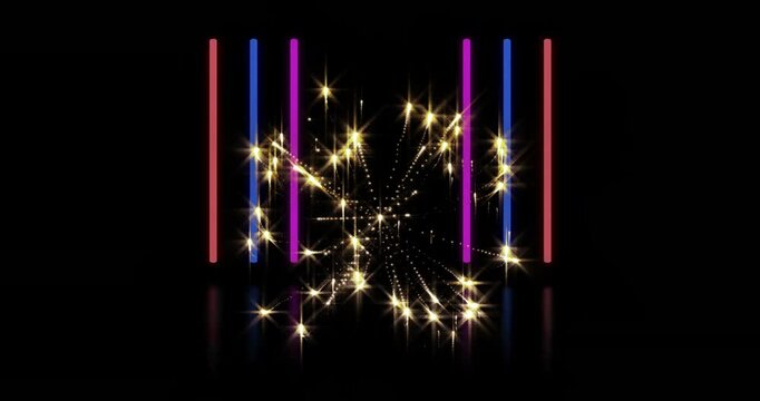 Animation of exploding fireworks and glowing light trails moving over black background