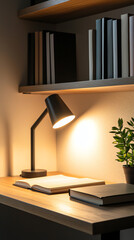 Modern desk lamp beside books and plant
