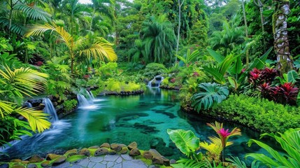 Serene Pond Surrounded by Lush Green Plants