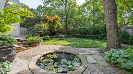 Obraz premium Serene Pond in a Lush Green Garden Setting