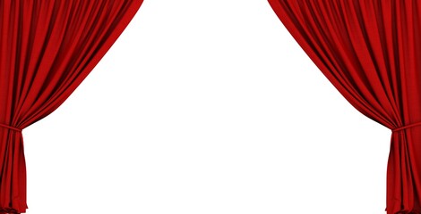 Red curtain on theater or cinema stage slightly open. Red theater curtains on a white background. Isolated white background.