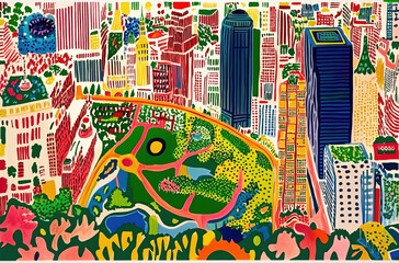 Cartoon drawing doodle map of Manhattan, New York City, NYC, top-down view, plan view. 3D colorful line hand drawn illustration of midtown nyc.	