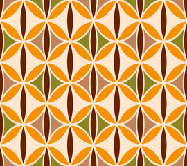 Retro midcentury circles petals geometrics orange Raster Pattern. Bohemian round geometrics in orange, brown optical seamless pattern.