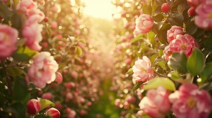 Organic Apple Orchard with Blossoms in Sunlight