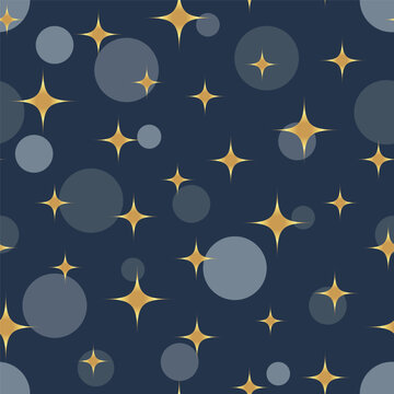 Retro golden starbursts bubbles navy blue Vector Pattern. Atomic era style shiny golden stars dark blue party seamless pattern.