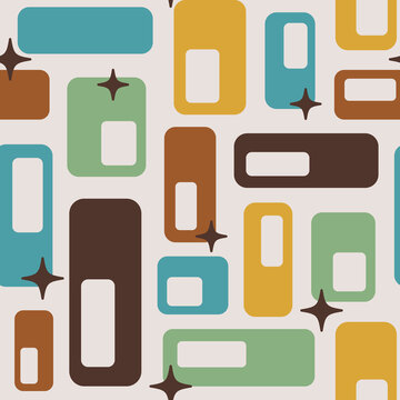 Retro Atomic oval capsules starbursts orange green teal Raster pattern. Mid-century modern style Atomic capsules seamless pattern.