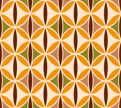 Retro midcentury circles petals geometrics orange Raster Pattern. Bohemian round geometrics in orange, brown optical seamless pattern.