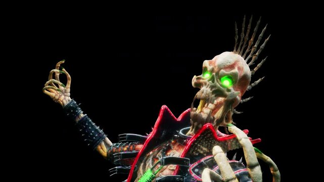 Punk Skeleton VJ Loop &ndash; stylized punk rock skeleton with spiky bones on the head and punkish outfit moving on the beat in seamless loop. Use it in your next VJ thematic sets, metal and gothic festival