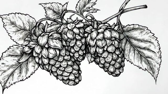 A detailed black and white illustration of hops growing on a vine