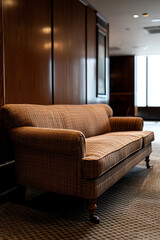 Elegant brown sofa in modern interior space.