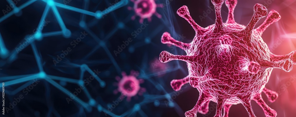 Poster close-up of a virus, surrounded by molecular structures, abstract background.